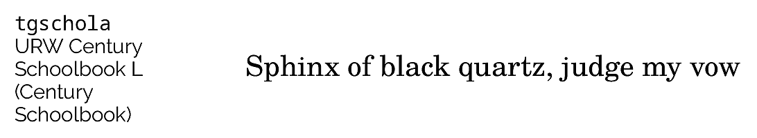 ‘Sphinx of black quartz, judge my vow’ set with the tgschola font package